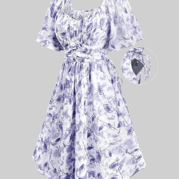 Plus Size Boho Floral Milkmaid Dress Linen Square Neck Flutter Sleeve - Picture 2 of 6